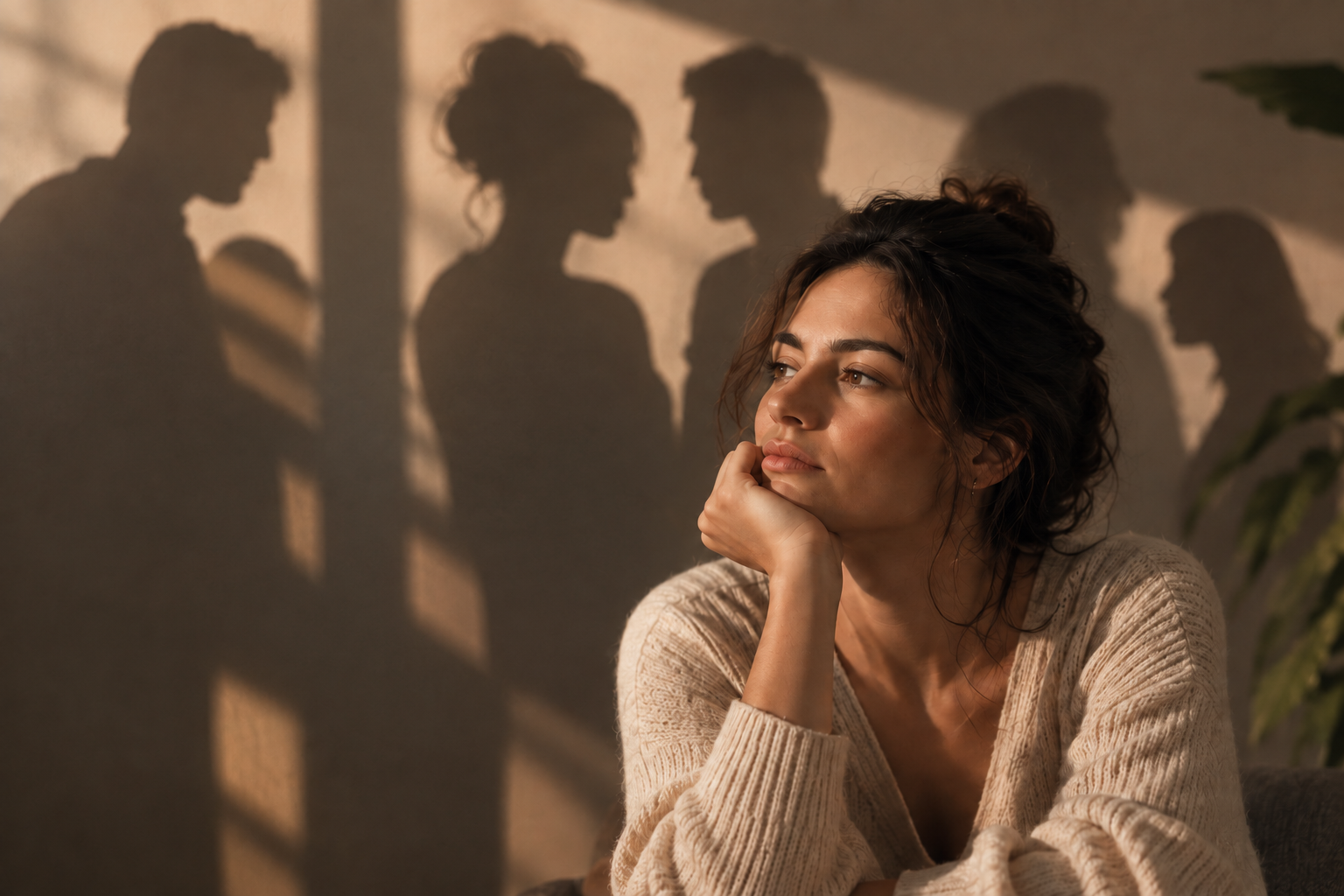 Mulher reflexiva diante da imagem de pessoas projetadas na parede, representando a influência das relações em nossas vidas.