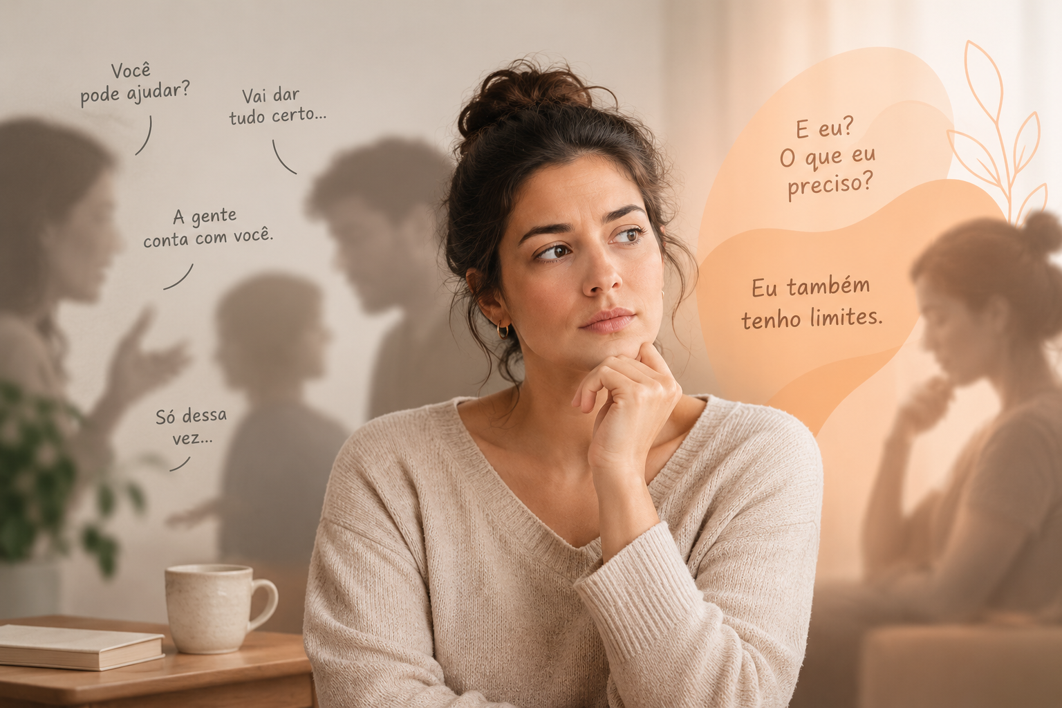 “Mulher reflexiva cercada por pessoas, pensando sobre seus limites e necessidades.”