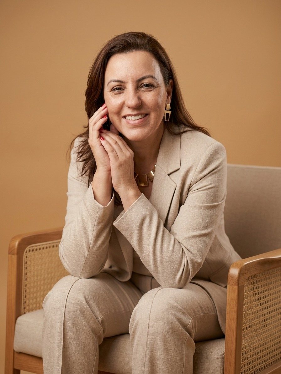 Franciely Ribeiro em retrato de estúdio, sentada, com fundo em tons âmbar.